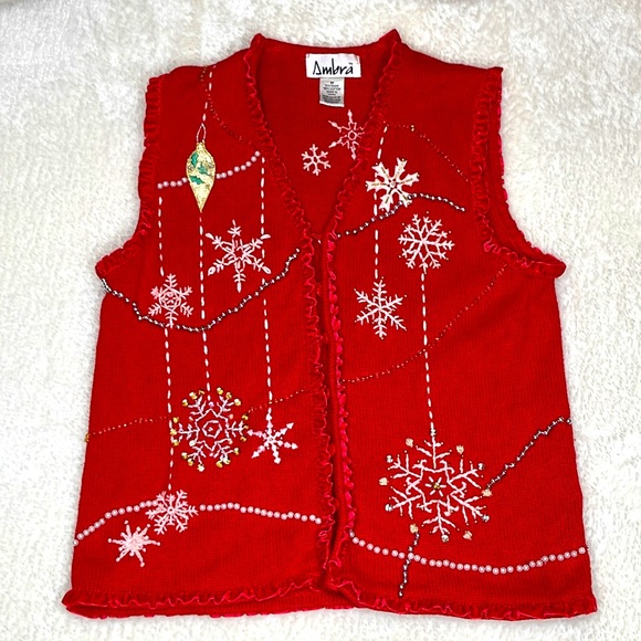 Ambra Holiday Ruffled Snowflake Vest Red Size Medium - Picture 1 of 8